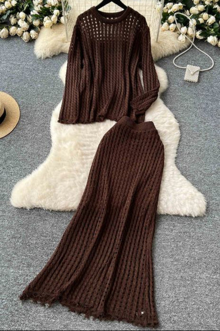 Lazy Style Knitted Suit with Women's Design Sense Hollowed Out Top Versatile Half Skirt Two-piece Set Trendy