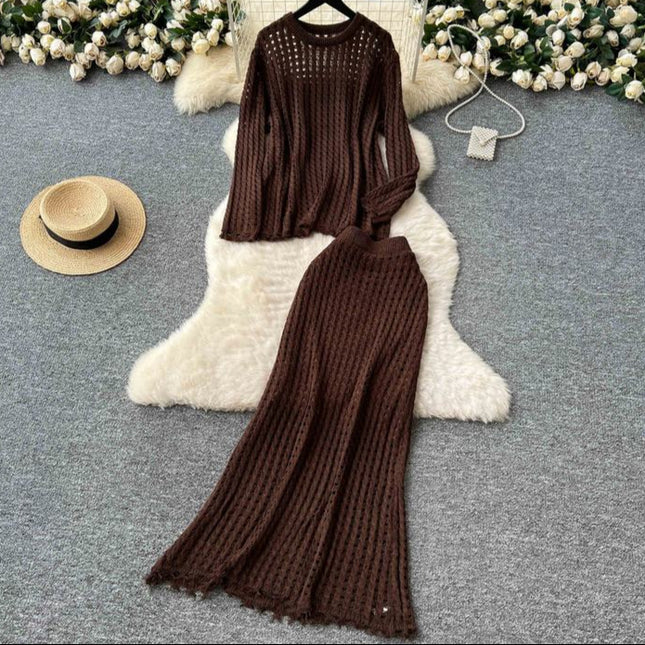 Lazy Style Knitted Suit with Women's Design Sense Hollowed Out Top Versatile Half Skirt Two-piece Set Trendy