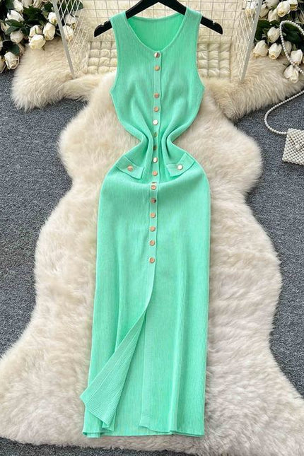 Sexy Long Knitted Dresses Summer Clothing Mulheres Apertado Casual Elegante Sem Mangas Botão Knit Maxi Dress