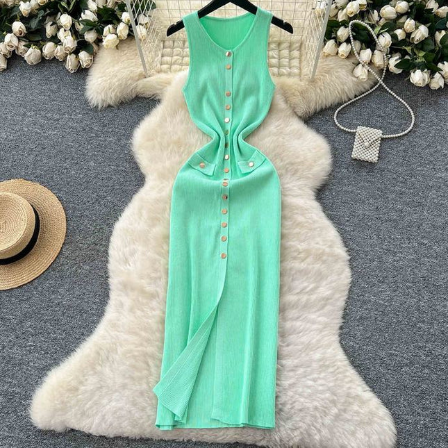 Sexy Long Knitted Dresses Summer Clothing Mulheres Apertado Casual Elegante Sem Mangas Botão Knit Maxi Dress