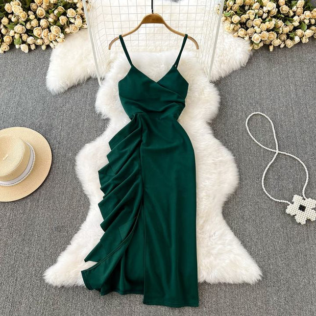 Summer New Spaghetti Strap Sexy Fashion Slip Pull Rope Ruffle Empire Tight Fitting Pleat Sheath Dress