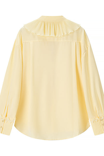 Crew Neck Front Ruffle Long Sleeve Blouse Yellow Color Long Skirt Causal Fashion Women 2 Piece Set