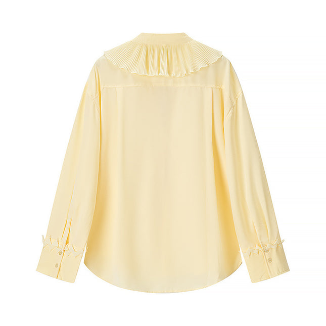 Crew Neck Front Ruffle Long Sleeve Blouse Yellow Color Long Skirt Causal Fashion Women 2 Piece Set
