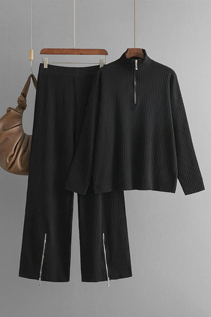 Stand Collar Long Sleeve Fashion Set Women's Autumn Winter Plain Loose Knit Sweater Two-piece Set
