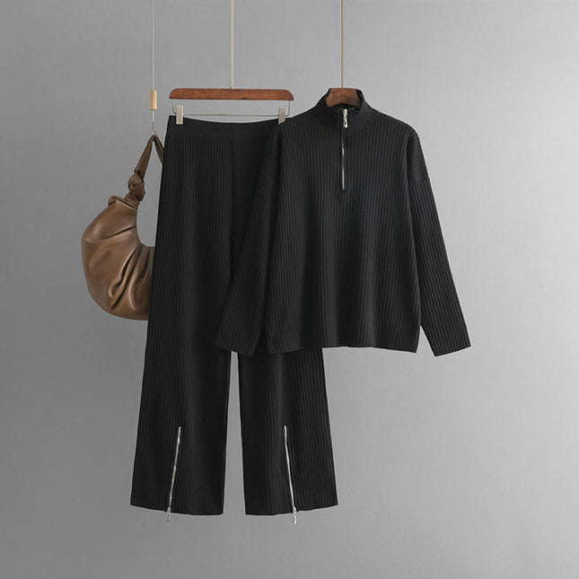 Stand Collar Long Sleeve Fashion Set Women's Autumn Winter Plain Loose Knit Sweater Two-piece Set
