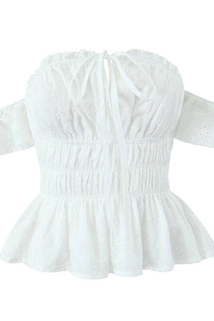 White Color Slash Neck Front Lace up Hot Sale Casual Fashion Cotton Crop Blouse Tops for Women
