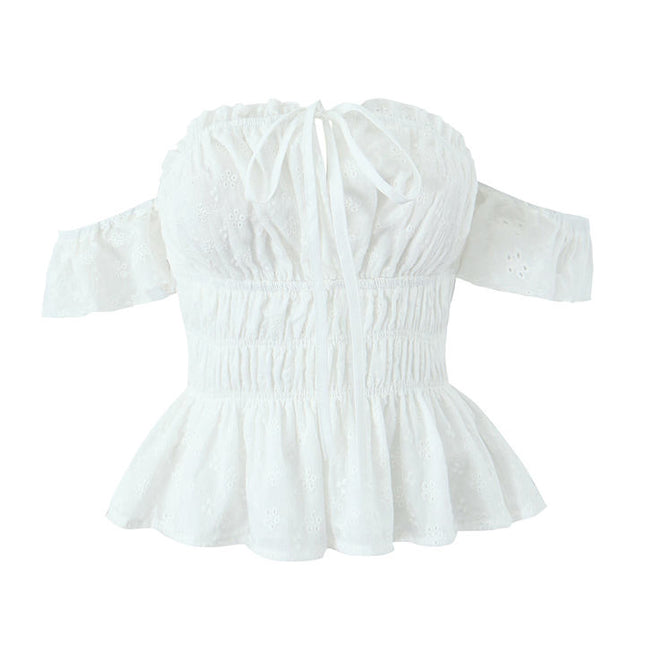 White Color Slash Neck Front Lace up Hot Sale Casual Fashion Cotton Crop Blouse Tops for Women