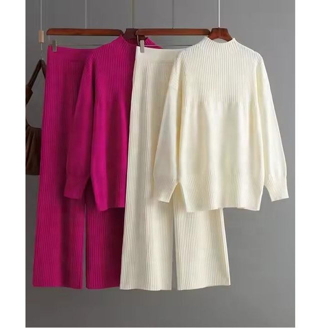 High-grade Casual Two-piece Knit Fashion Set Women's Autumn Winter Long Sleeve Sweater + High Waist Slimming Slacks