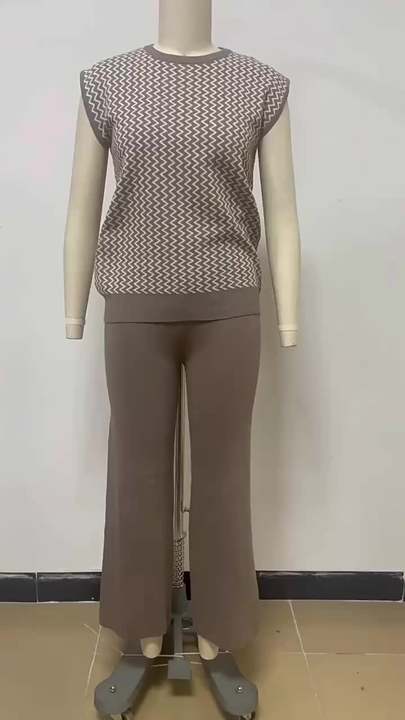 Summer New Simple Retro Loose Sleeveless Knitted Shoulder Top Wide Leg Pants Knitted Two Piece Set for Women