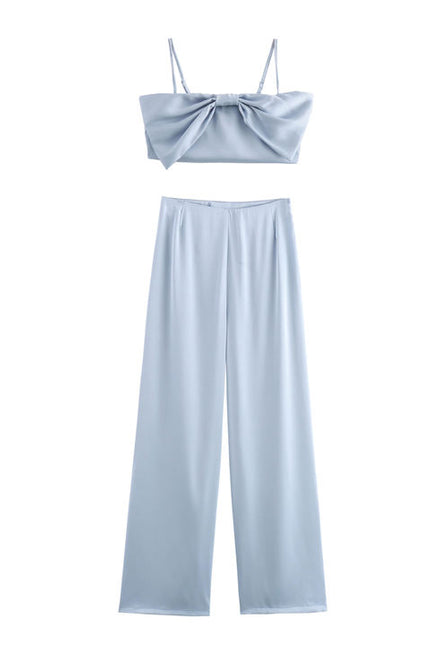 Front Bow Tie Spaghetti Strap Crop tank Top Solid Color Long Pants Women Casual 2 Piece Set