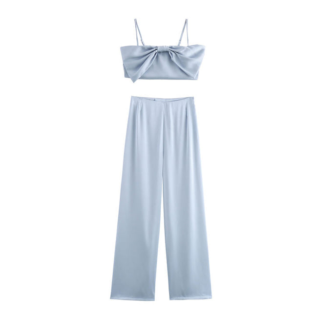 Front Bow Tie Spaghetti Strap Crop tank Top Solid Color Long Pants Women Casual 2 Piece Set