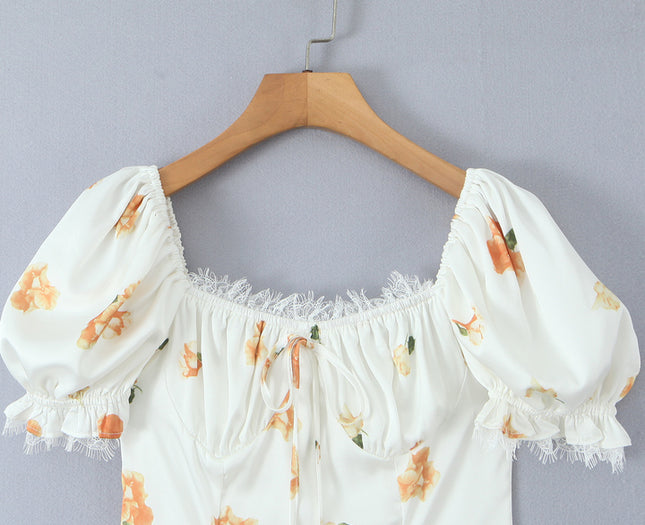 Square Collar Floral Print Lace up White Color Short Sleeve Casual Fashion Summer Mini Dress for Women