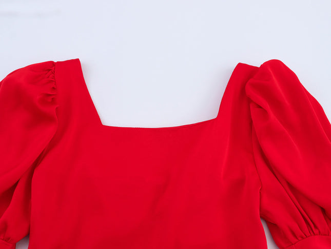 Square Collar Red Color Short Sleeve Buttons up Hot Sale Casual Fashion Pleated Long Dress for Women