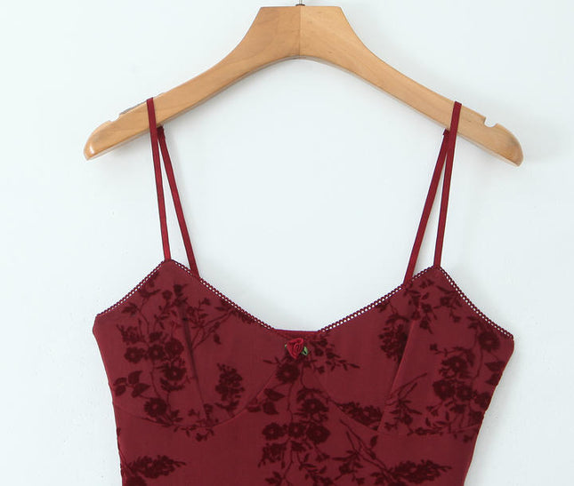 Spaghetti Strap Burgundy Color Floral Pattern Casual Fashion Mini slip Dress for Women