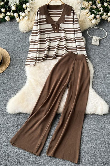 Autumn Winter New Korean Hit Color Striped Knit Sweater Top Two-Piece Trouser Set