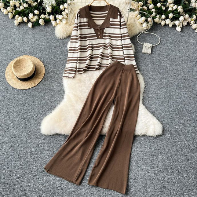 Autumn Winter New Korean Hit Color Striped Knit Sweater Top Two-Piece Trouser Set