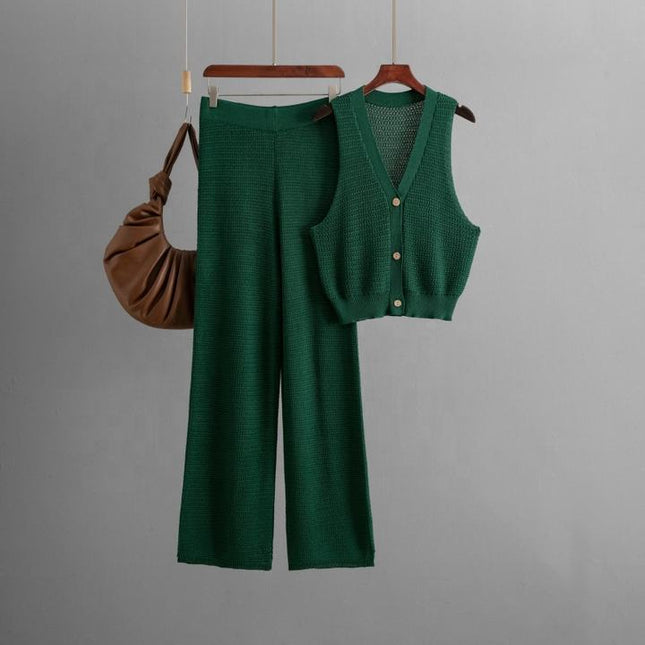 Fashion Knit Suit Women 2025 Summer New V-neck Sleeveless Vest High Waist Straight Pants Two-piece Set