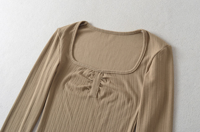 5 Colorway Solid Color square Collar Long Sleeve Front Pleated Casual Fashion Women t Shirt
