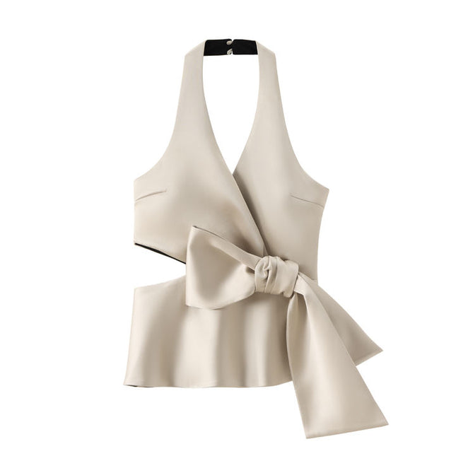 Back Hollow Out Waist Bow Tie Solid Color Casual Fashion Halter tank Top for Women