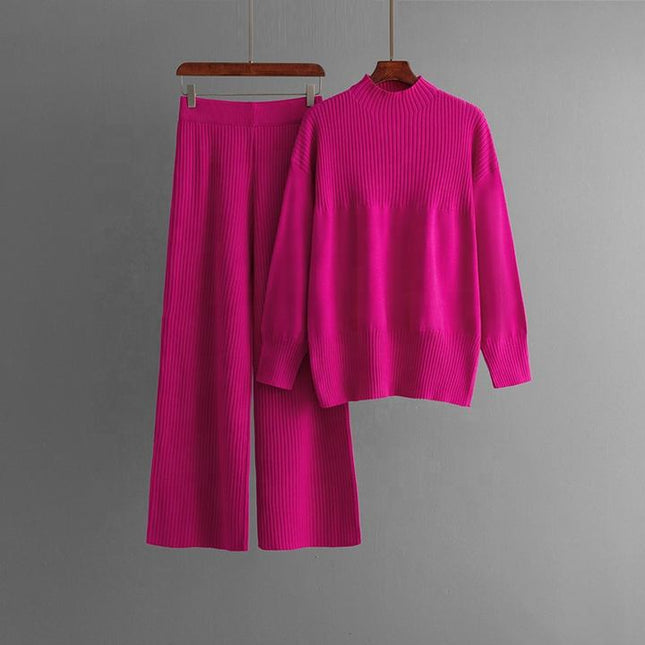 High-grade Casual Two-piece Knit Fashion Set Women's Autumn Winter Long Sleeve Sweater + High Waist Slimming Slacks
