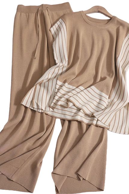 Fashionable Patchwork Loose Short Sleeved Sweater Top High Waist Slimming and Wide Leg Pants Two-piece Set