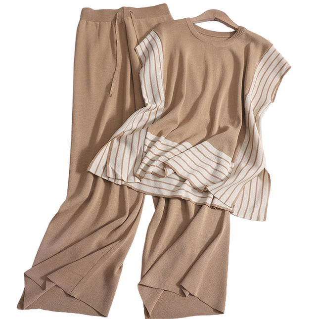Fashionable Patchwork Loose Short Sleeved Sweater Top High Waist Slimming and Wide Leg Pants Two-piece Set