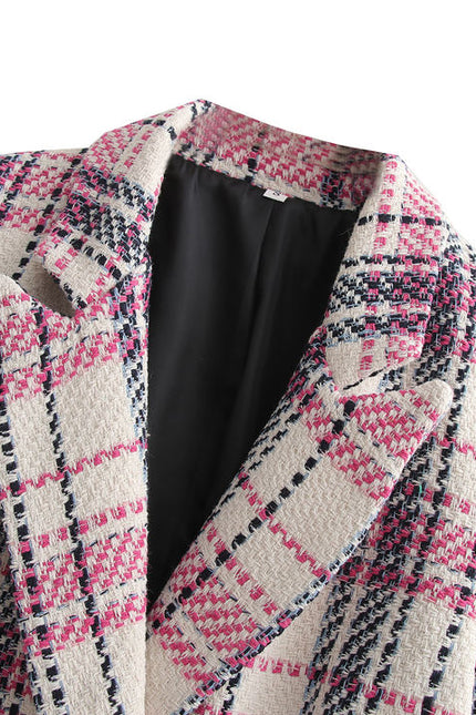 Double Breasted Plaid Pattern Long Sleeve Notched Collar Casual Tweed blazer for Women
