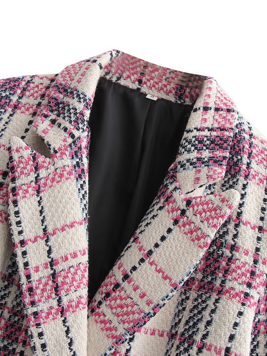 Double Breasted Plaid Pattern Long Sleeve Notched Collar Casual Tweed blazer for Women