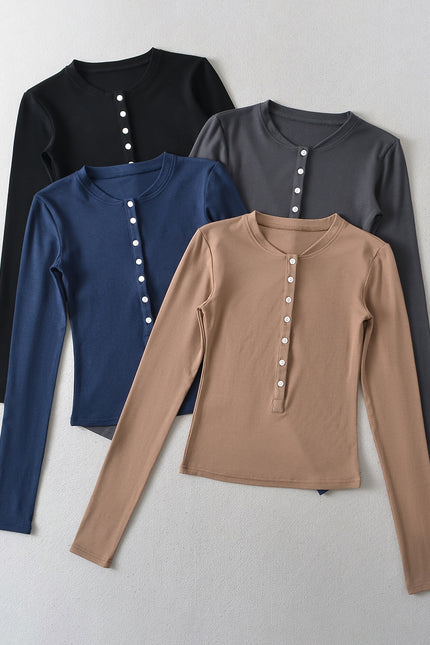 4 Colorway Crew Neck Long Sleeve Buttons up Solid Color Casual Fashion t Shirt for Women