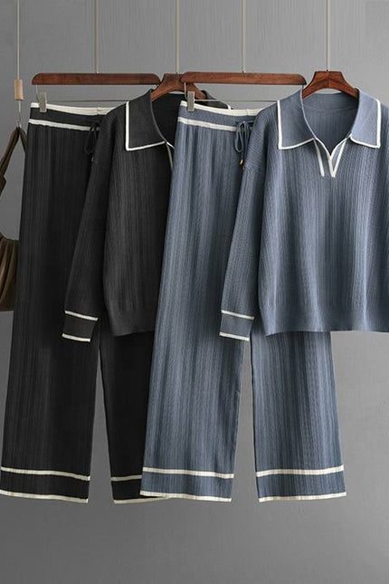 Women Two Piece Set Fashion Casual Loose Suit Polo Neck Tops+high Waist Pant Set