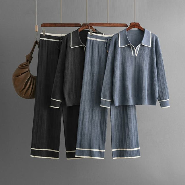 Women Two Piece Set Fashion Casual Loose Suit Polo Neck Tops+high Waist Pant Set