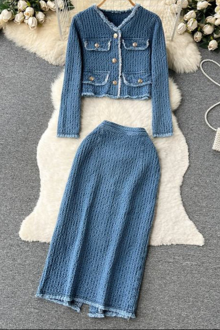 Autumn Fragrant Style Celebrity Denim Set Women's Short Denim Coat and Split Half Skirt Two Piece Set