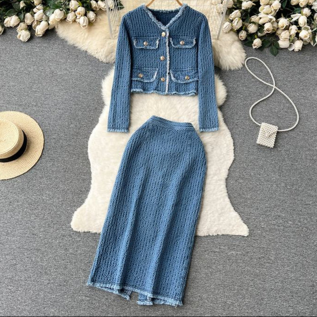 Autumn Fragrant Style Celebrity Denim Set Women's Short Denim Coat and Split Half Skirt Two Piece Set