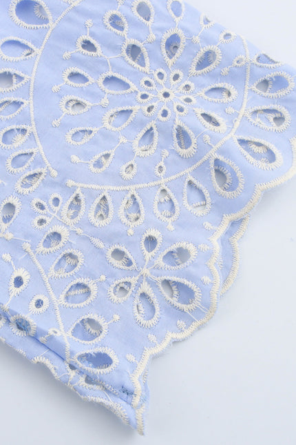 Turn Down Collar Long Sleeve Blue Color Buttons up Bottom Embroidery Eyelet Casual Fashion Tops Blouse for Women