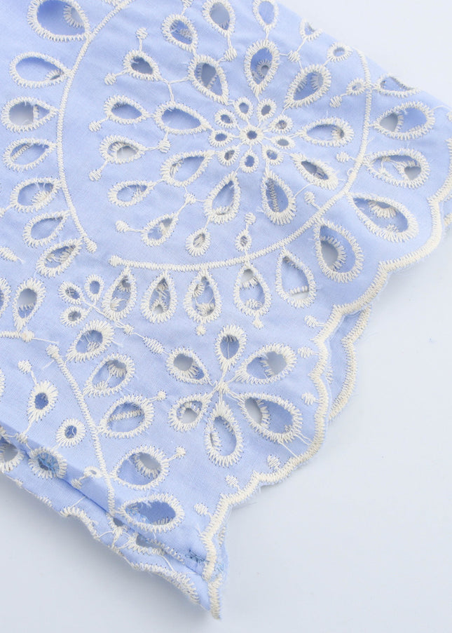 Turn Down Collar Long Sleeve Blue Color Buttons up Bottom Embroidery Eyelet Casual Fashion Tops Blouse for Women