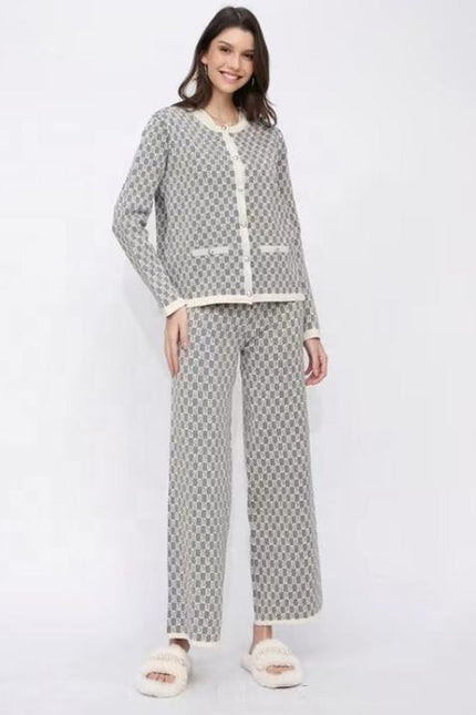 Retro Jacquard Set Women's Fragrant Style Sleeveless Knitted Shoulder Sweater Cardigan Coat Wide Leg Pants 3-Piece Set