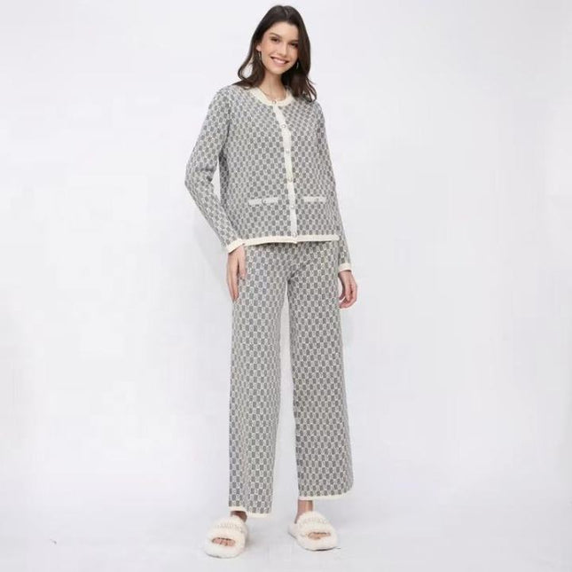 Retro Jacquard Set Women's Fragrant Style Sleeveless Knitted Shoulder Sweater Cardigan Coat Wide Leg Pants 3-Piece Set