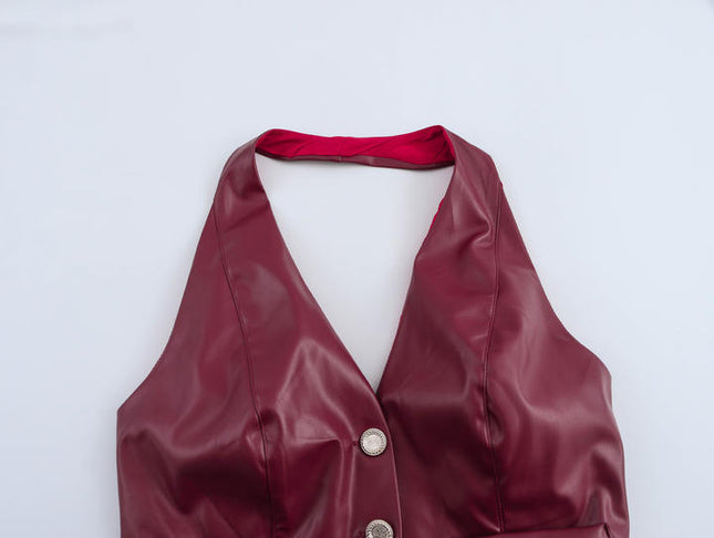 Back Hollow Out Buttons up Halter tank Top Mini Leather Skirt Casual Fashion Women 2 Piece Set