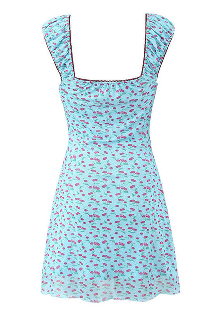 Blue Color Front Lace up Fruit Print Hot Sale Casual Fashion Mini Dress for Women