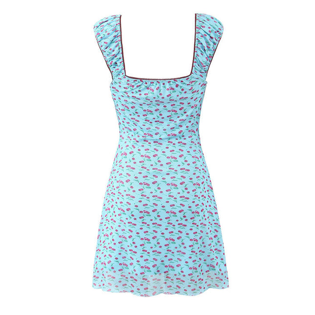 Blue Color Front Lace up Fruit Print Hot Sale Casual Fashion Mini Dress for Women