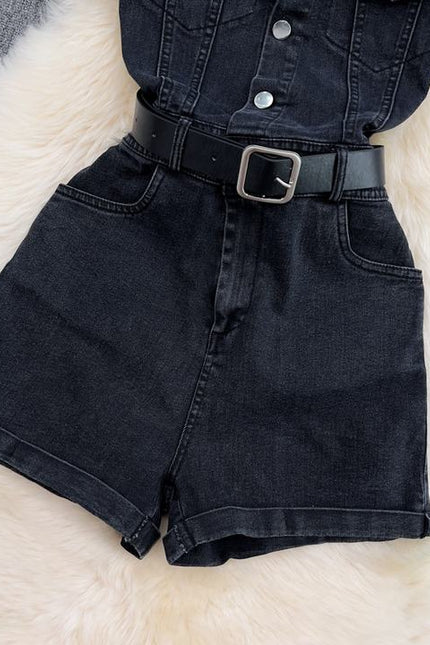 Summer Women's Polo Short Sleeve Single Breasted Denim Jumpsuit Fashion Wide Leg Shorts Jumpsuit