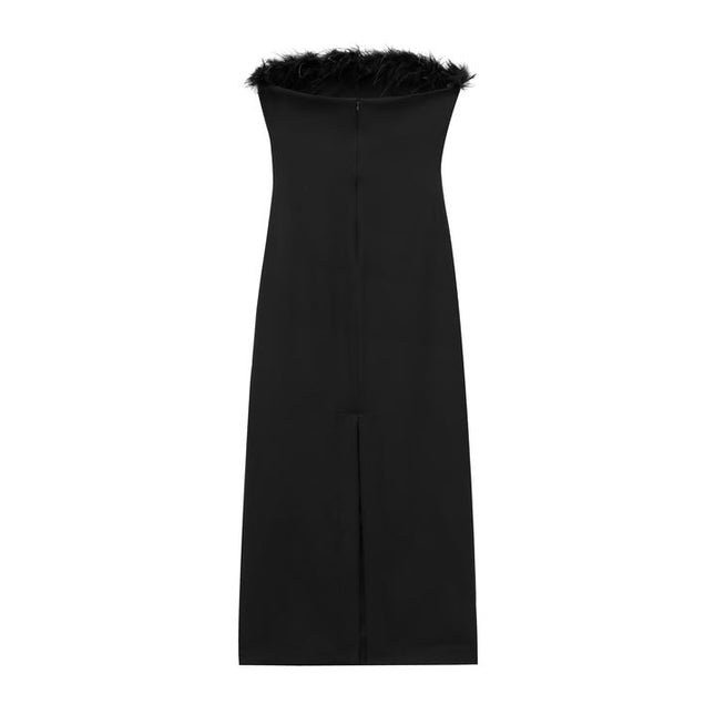 Strapless Black Color Feather Pleated Hot Sale Casual Fashion Midi Dress for Women