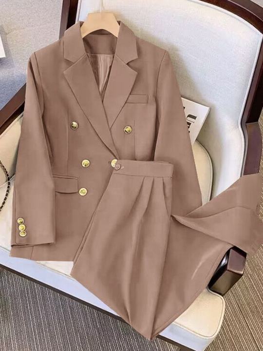 Fashionable Women Two Piece Set Coat + Pants Suits Solid Color Suit Coat Blazer Pants Set Spring Autumn Lady Office Casual Suits
