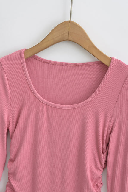 5 Colorway Solid Color Side Pleated Long Sleeve Crew Neck Casual Fashion Knitted Women t Shirt