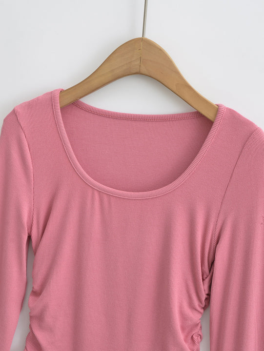 5 Colorway Solid Color Side Pleated Long Sleeve Crew Neck Casual Fashion Knitted Women t Shirt