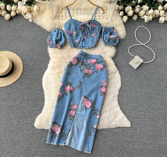 Camisola sem alças colete cintura alta Split meia saia do corpo duas peças conjunto feminino