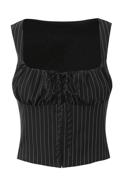 Square Collar Black Color Striped Print Front Lace up Casual Fashion tank Top for Women