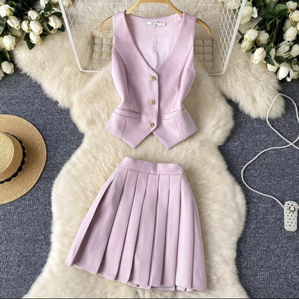 French Suit Vest High Waisted Pleated Two Piece Skirt Set