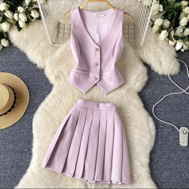French Suit Vest High Waisted Pleated Two Piece Skirt Set