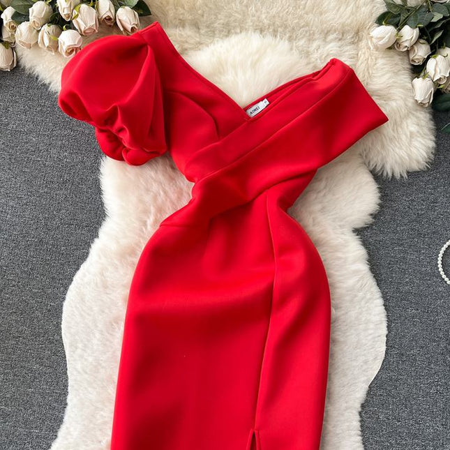Haute Party Women Summer French Slant Neck Strapless High Waist Banquet Long Dresses